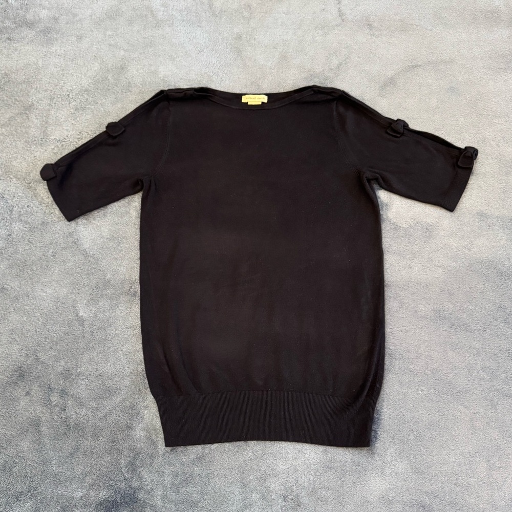 Vertical Design Dark Midnight Blue Cold Shoulder Bow Sleeve Knit Top